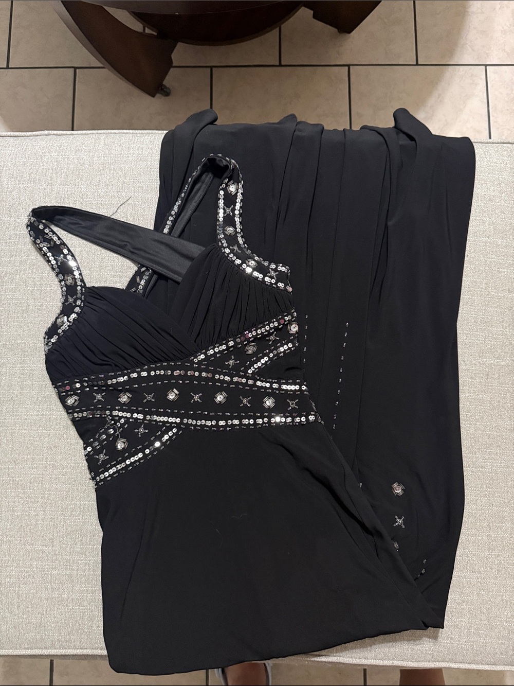 Morgan & Co. Black Beaded Halter Maxi Gown